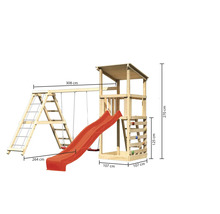 Spielturm mit Rutsche, Schaukel und Kletterwand aus Holz mit Maßangaben