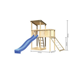 Spielturm aus Holz mit Rutsche, Leiter und Kletternetz mit den Maßen 214 cm, 107 cm, 125 cm und 270 cm