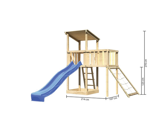 Tour de jeux en bois avec toboggan, échelle et filet d''escalade, dimensions 214 cm, 107 cm, 125 cm et 270 cm