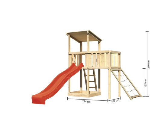 Tour de jeu en bois avec toboggan, échelle et filet d''escalade