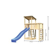 Spielturm aus Holz mit Rutsche, Leiter und Kletterwand, inklusive Maßangaben