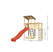 Holzspielturm mit Rutsche, Kletterwand, Leiter und den Maßen 270 cm Höhe, 214 cm Breite und 107 cm Tiefe.