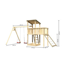 Spielturm aus Holz mit Schaukel und Rutsche mit den Maßen 270 cm Höhe, 264 cm Länge und 240 cm Breite