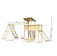 Spielturm aus Holz mit Schaukel, Leiter und Rutsche mit den Maßen 308 x 264 x 270 cm.