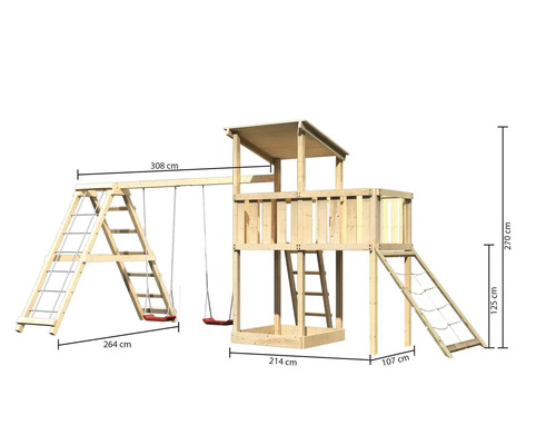 Spielturm aus Holz mit Schaukel, Leiter und Rutsche mit den Maßen 308 x 264 x 270 cm.