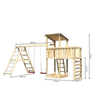 Spielturm mit Schaukel, Kletterwand und Sandkasten aus Holz mit Maßangaben