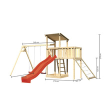 Spielplatz mit Schaukel, Rutsche, Kletterwand und Spielturm aus Holz mit Maßangaben