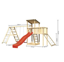 Holzspielplatz mit Schaukel, Rutsche, Kletterwand und Spielturm mit Maßangaben