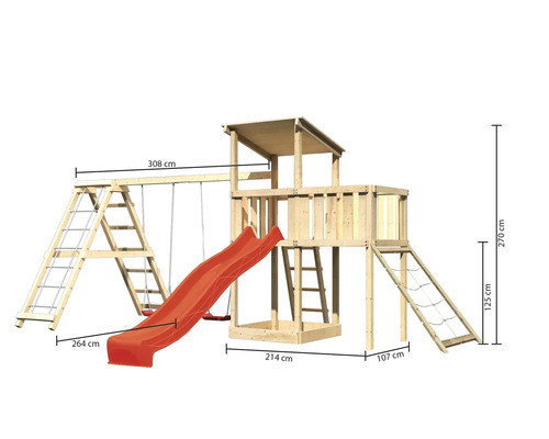 Aire de jeux en bois avec balançoire, toboggan, mur d''escalade et tour de jeu avec indications de dimensions