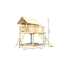 Spielhaus aus Holz mit Sandkasten, Leiter und Kletternetz mit den Maßen 198 cm x 243 cm x 329,5 cm