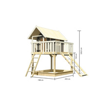 Cabane de jeux en bois avec bac à sable et dimensions 198 cm x 243 cm x 329,5 cm
