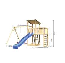 Spielturm aus Holz mit Schaukel, Rutsche und Kletterwand mit Maßangaben