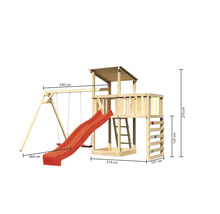 Spielturm aus Holz mit Schaukel, Rutsche, Kletterwand und den Maßangaben