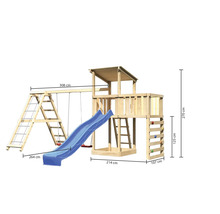 Spielturm mit Schaukel, Rutsche und Kletterwand aus Holz mit Maßangaben