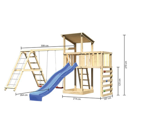 Spielturm mit Schaukel, Rutsche und Kletterwand aus Holz mit Maßangaben