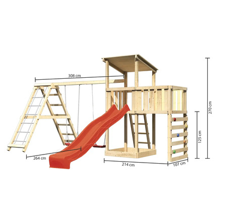 Spielturm mit Rutsche, Schaukel, Kletterwand und Leiter