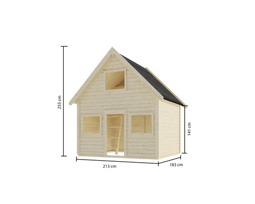 Maisonnette en bois avec des dimensions de 253 cm de hauteur, 213 cm de largeur et 183 cm de profondeur