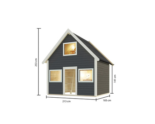 Maisonnette en bois avec des dimensions de 213 x 183 x 253 cm