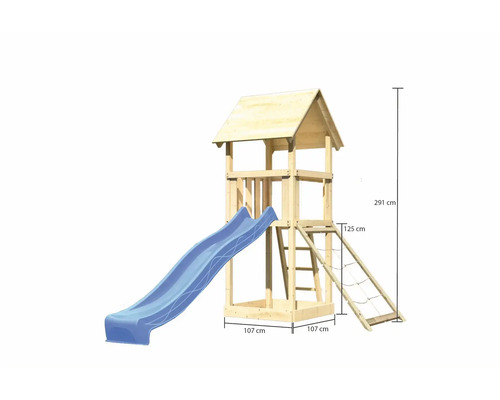 Tour de jeu en bois avec toboggan, mur d''escalade et les dimensions suivantes : 291 cm de hauteur, 107 cm de largeur et 125 cm de hauteur de plate-forme.