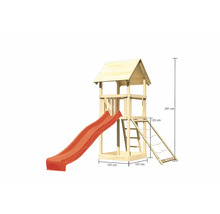 Spielturm aus Holz mit Rutsche und Leiter sowie den Massangaben 291 cm Höhe, 107 cm Breite und 125 cm Leiterhöhe