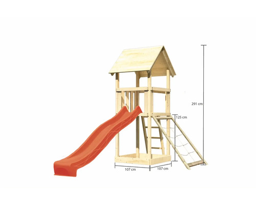 Tour de jeu en bois avec toboggan et échelle et les dimensions suivantes : 291 cm de hauteur, 107 cm de largeur et 125 cm de hauteur d’échelle