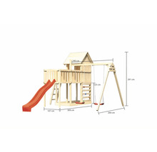 Spielturm aus Holz mit Rutsche und Schaukel, inklusive Maßangaben