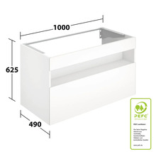Waschtischunterschrank mit Schubladen und Maßangaben: Höhe 625 mm, Breite 1000 mm, Tiefe 490 mm. PEFC Siegel für nachhaltige Waldbewirtschaftung.