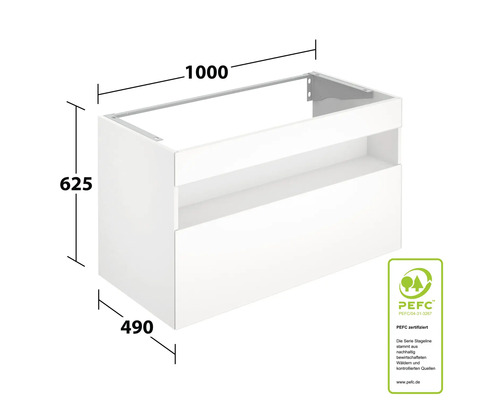 Waschtischunterschrank mit Schubladen und Maßangaben: Höhe 625 mm, Breite 1000 mm, Tiefe 490 mm. PEFC Siegel für nachhaltige Waldbewirtschaftung.