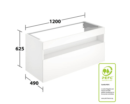 Meuble sous-vasque avec dimensions 1200 x 625 x 490 millimètres et label PEFC