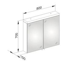 Technische Zeichnung eines Spiegelschranks mit Maßen 800 x 700 x 150 mm
