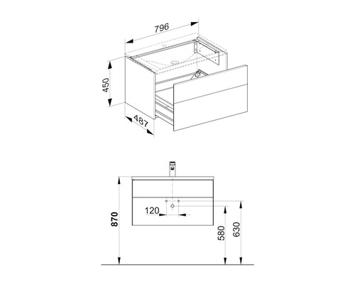 Technische Zeichnung eines Waschtischunterschranks mit Maßangaben