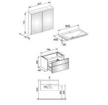 Technische Zeichnung eines Waschtischsets mit Waschtischunterschrank, Aufsatzwaschbecken und Spiegelschrank mit Maßangaben.