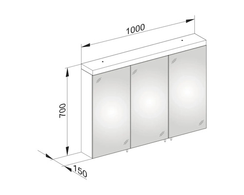 Schéma technique d''une armoire de toilette à trois portes avec dimensions