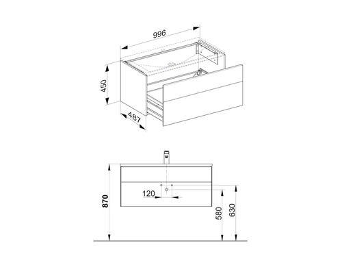 Schéma d''un meuble sous-lavabo avec dimensions.