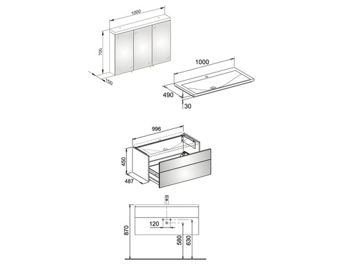 Schéma technique d''un meuble sous-lavabo avec lavabo et armoire de toilette avec dimensions
