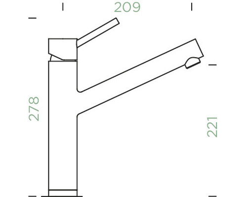 Technische Zeichnung einer Armatur mit Maßangaben