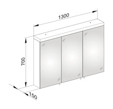 Technische Zeichnung eines Spiegelschranks mit Maßangaben 1300 x 700 x 150 mm.