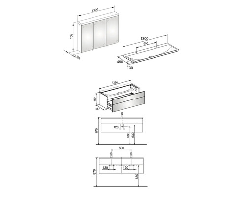Technische Zeichnung eines Badezimmermöbel-Sets mit Waschtischunterschrank, Waschbecken und Spiegelschrank mit Maßangaben
