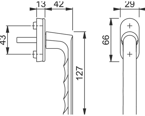 Technische Zeichnung eines Fenstergriffs mit Maßangaben