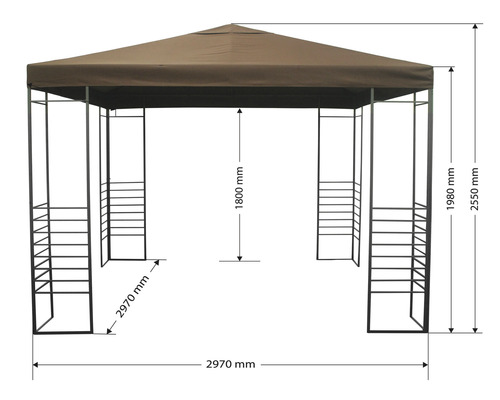 Abmessungen eines Pavillons mit Dach und Stahlrahmen, 2970 Millimeter breit, 2550 Millimeter hoch und 1800 Millimeter Deckenhöhe.