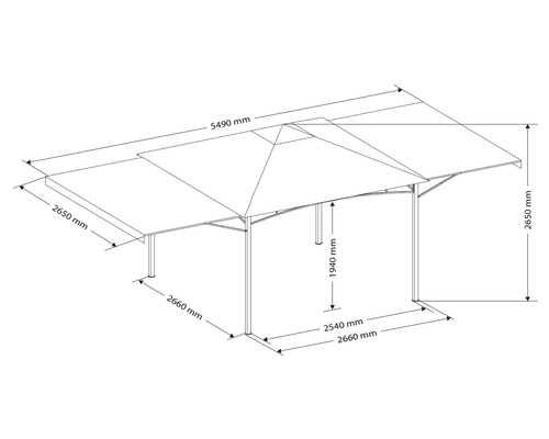 Masszeichnung eines Pavillons mit Höhen- und Breitenangaben in Millimetern.