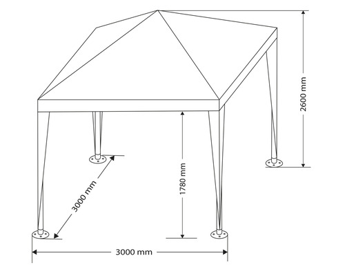 Technische Zeichnung eines Pavillons mit Maßangaben in Millimeter