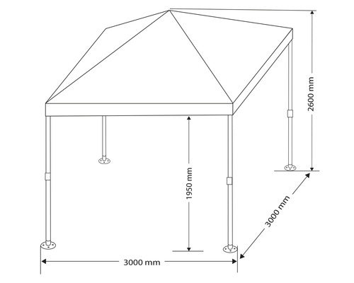 Technische Zeichnung eines Pavillons mit Höhen- und Breitenangaben