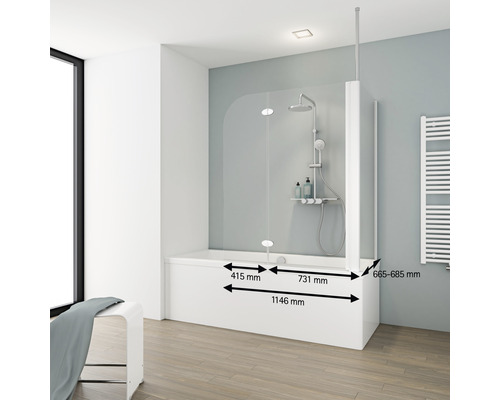 Badewanne mit Duschwand und Maßangaben