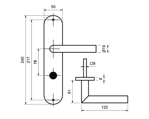Technische Zeichnung eines Türdrückers mit Maßangaben