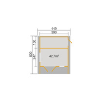 Grundrisszeichnung mit den Maßen 449 mal 520 Zentimeter und einer Fläche von 42,7 Kubikmeter.