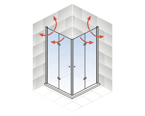 Cabine de douche d''angle avec des flèches rouges pour illustrer les fonctions.