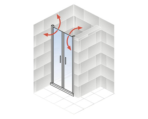 Schéma d''une cabine de douche avec portes coulissantes et indications de direction pour le mouvement des portes