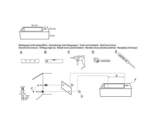 Instructions de montage d''un lavabo avec indications de dimensions et outils nécessaires.