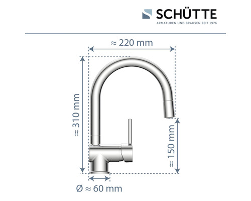 Logo Schütte, robinet avec dimensions : hauteur environ 310 millimètres, portée environ 220 millimètres, hauteur du bec environ 150 millimètres, diamètre environ 60 millimètres